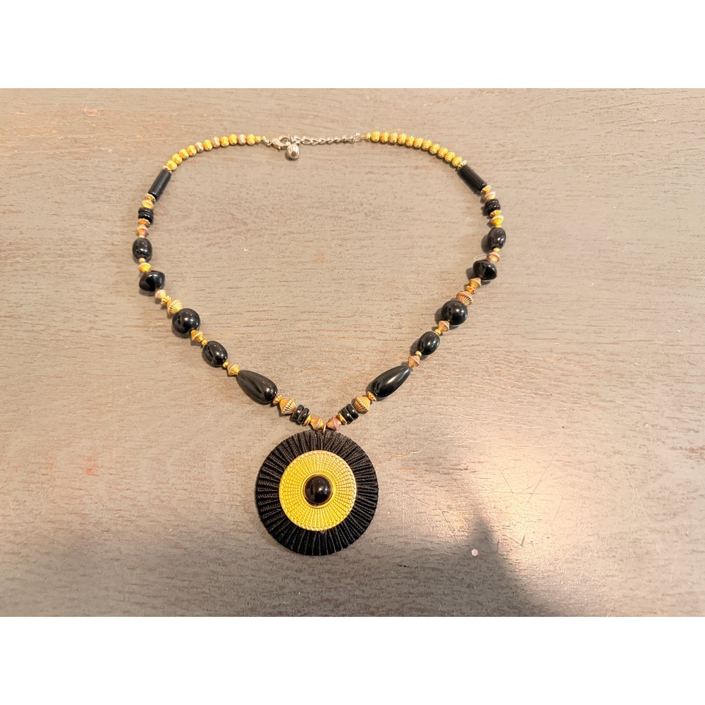 Vintage Black and Gold Statement Beaded Pendant Necklace Retro Boho Jewelry